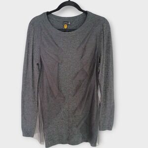 Twelve Gray Layered Knit Sweater | Sheer Panel Asymmetric Top | Womens Dressy
